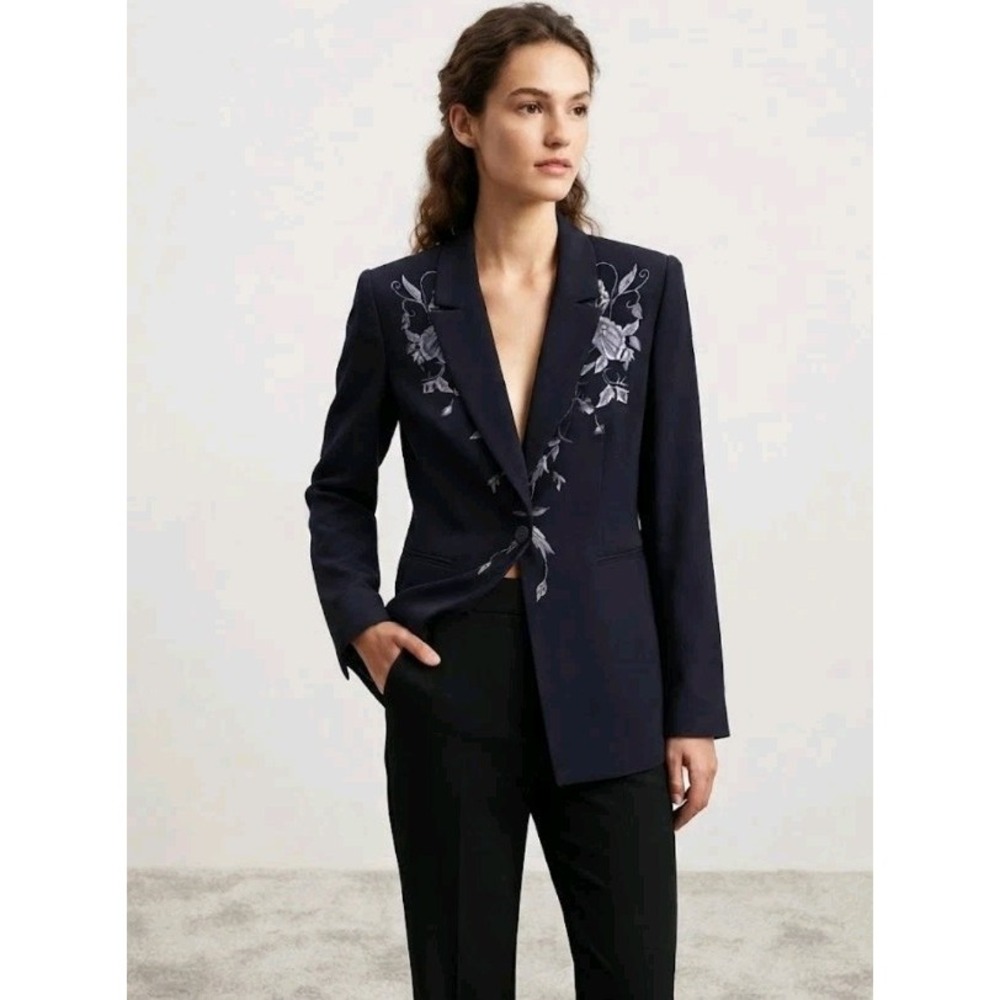 TOGETHER! Women Navy Blue Floral Embroidered Blazer Jacket Size 12 Petite